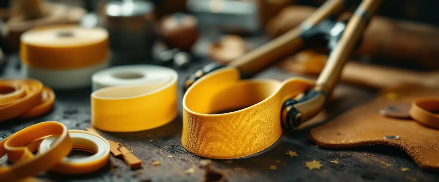 Montage d'un élastique plat neuf sur la fourche d'un lance-pierre, ligature et poche en cuir