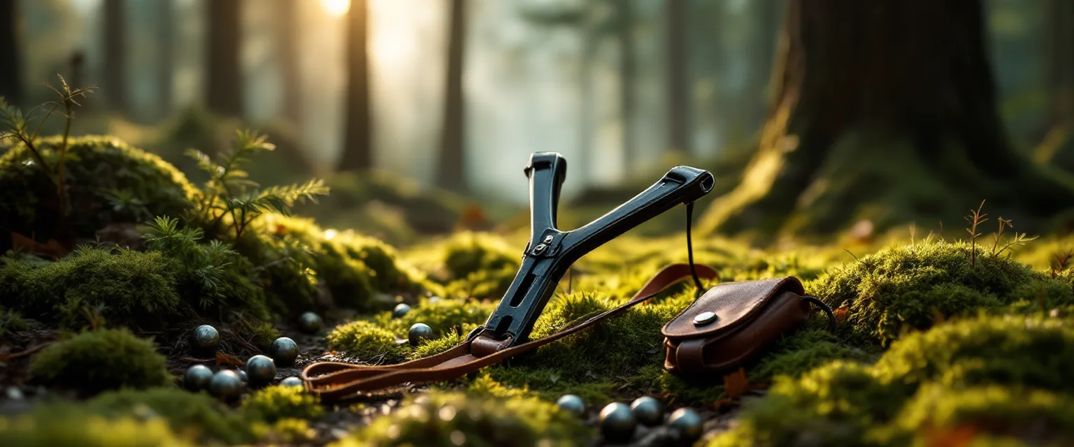 Tireur visant une silhouette de petit gibier avec un lance-pierre de chasse en sous-bois