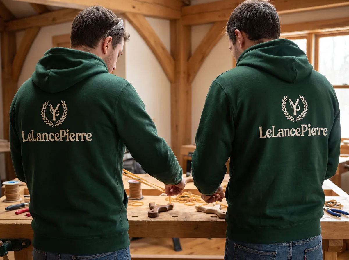 Table de travail avec lance-pierres, élastiques et poches en cuir en cours de réglage