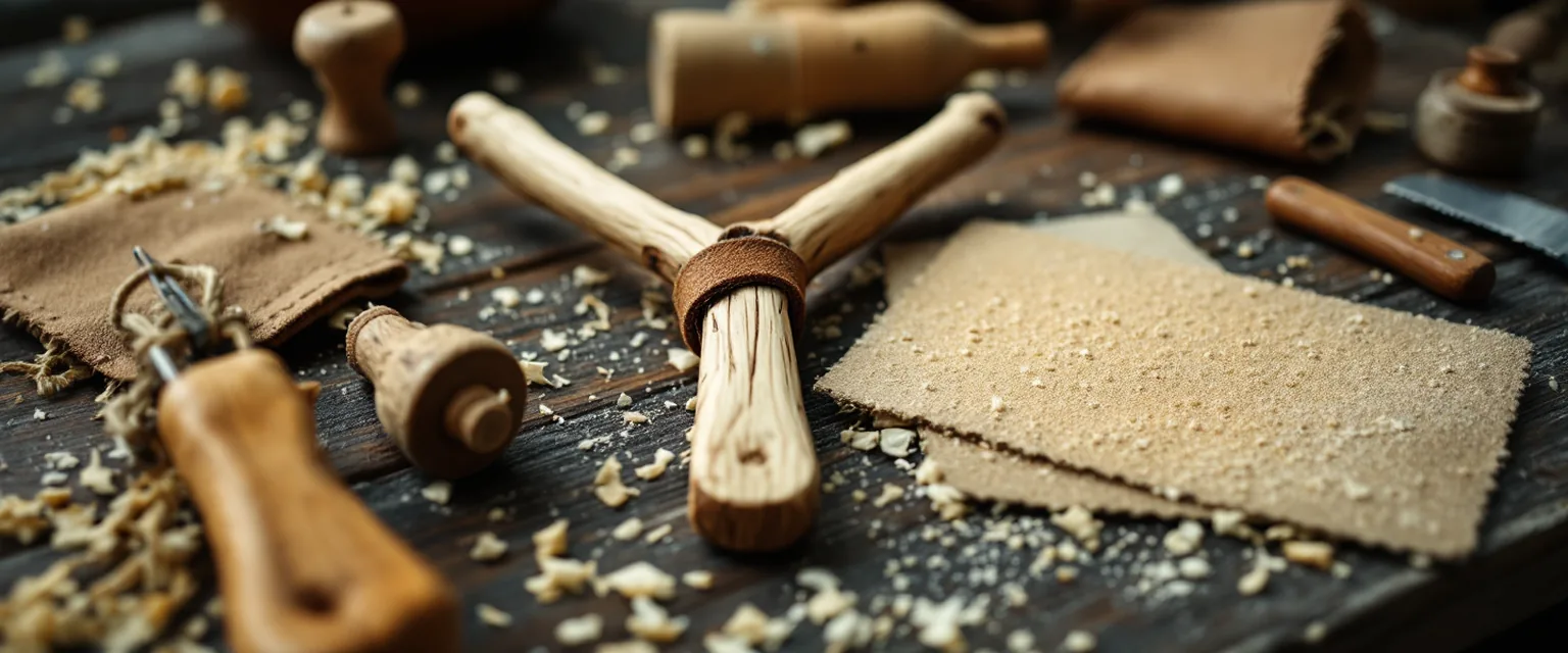 Fourche en bois, bande élastique et poche en cuir posées sur un établi, prêtes pour le montage d'un lance-pierre