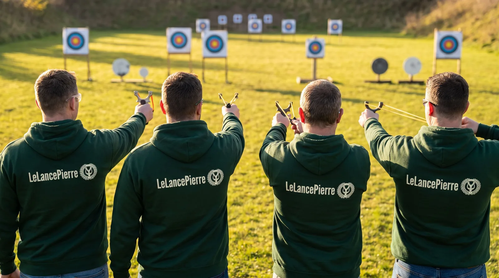 Tireurs vus de dos sur un stand de tir, le logo de l'Association Française du Lance Pierre dans le dos